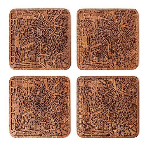 Amsterdam Untersetzer mit Landkarte aus Sapeli-Holz, 4 Stück, mit Stadtkarte, mehrere Stadt optional, handgefertigt von O3 DESIGN STUDIO
