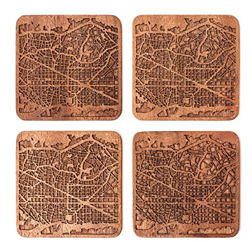 Barcelona Untersetzer mit Landkarte aus Sapeli-Holz, 4 Stück, mit Stadtkarte, mehrere Stadt optional, handgefertigt von O3 DESIGN STUDIO