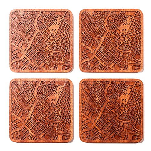 Bremen Untersetzer mit Landkarte aus Sapeli-Holz, 4 Stück, mit Stadtkarte, mehrere Stadt optional, handgefertigt von O3 DESIGN STUDIO