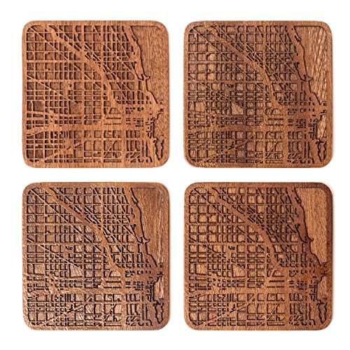 Chicago Untersetzer mit Landkarte aus Sapeli-Holz, 4 Stück, mit Stadtkarte, mehrere Stadt optional, handgefertigt von O3 DESIGN STUDIO