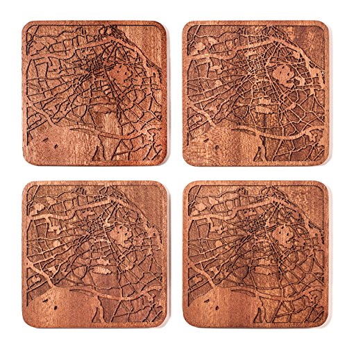 Edinburgh Untersetzer mit Landkarte aus Sapeli-Holz, 4 Stück, mit Stadtkarte, mehrere Stadt optional, handgefertigt von O3 DESIGN STUDIO