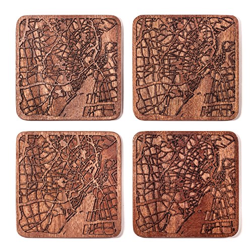 Kopenhagen Untersetzer mit Landkarte aus Sapeli-Holz, 4 Stück, mit Stadtkarte, mehrere Stadt optional, handgefertigt von O3 DESIGN STUDIO
