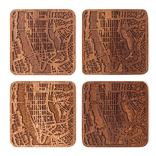 Manhattan, NY. Untersetzer mit Landkarte aus Sapeli-Holz, 4 Stück, mit Stadtkarte, mehrere Stadt optional, handgefertigt von O3 DESIGN STUDIO