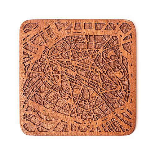Paris Map Untersetzer von O3 Design Studio, 1 Stück, Sapeli-Holz-Untersetzer mit Stadtkarte, mehrere Stadt optional, handgefertigt von O3 DESIGN STUDIO