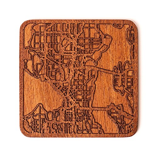 Seattle Map Untersetzer von O3 Design Studio, 1 Stück, Sapeli-Holz-Untersetzer mit Stadtkarte, mehrere Stadt optional, handgefertigt von O3 DESIGN STUDIO