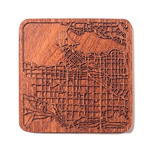 Vancouver Map Untersetzer von O3 Design Studio, 1 Stück, Sapeli-Holz-Untersetzer mit Stadtkarte, mehrere Stadt optional, handgefertigt von O3 DESIGN STUDIO