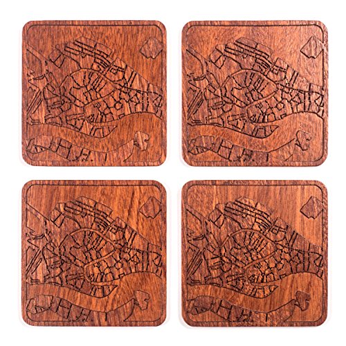 Venedig Untersetzer mit Landkarte aus Sapeli-Holz, 4 Stück, mit Stadtkarte, mehrere Stadt optional, handgefertigt von O3 DESIGN STUDIO