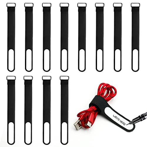 O4L - Outlet4Life Klett Kabelbinder mit Beschriftungsfeld 10 Stück, 20cm x 2cm Kabelbinder Klettverschluss schwarz mit Kabelbeschriftung und Edelstahlschnalle zur einfachen Kabelidentifikation von O4L