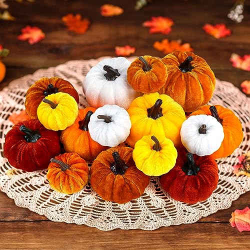 OAIDSONL 15PCS Samt Kürbis Herbst Deko, Groß Mini Halloween künstliche Kürbis Set, orange weiße Kürbisse Deko für Bauernhaus Herbst Halloween Party, Thanksgiving Küchendekoration von OAIDSONL