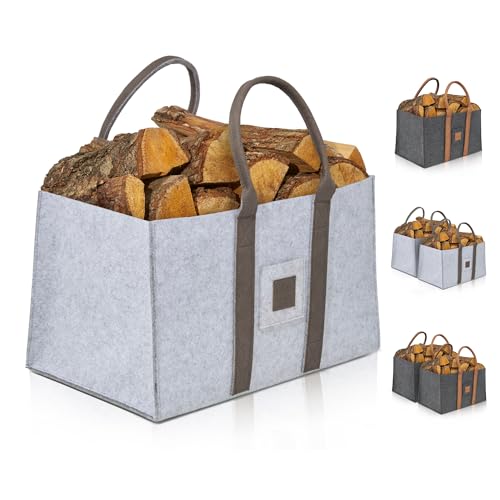 OAKAGE® Einkaufstasche Faltbar Filztasche Shopper Holzkorb für Kaminholz Groß Kaminholzkorb Filzkorb Feuerholzkorb Brennholzkorb Kaminkorb Kaminholztasche | Korb Hellgrau von OAKAGE