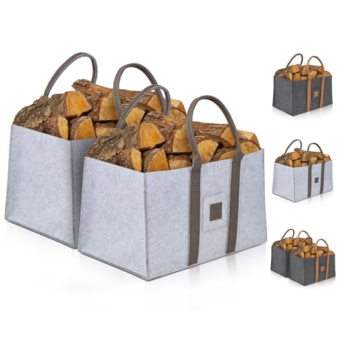 OAKAGE® Einkaufstaschen Faltbar [2er Set] Filztaschen Shopper Holzkorb für Kaminholz Groß Kaminholzkorb Filzkorb Feuerholzkorb Brennholzkorb Kaminkorb Kaminholztaschen | Korb Hellgrau von OAKAGE