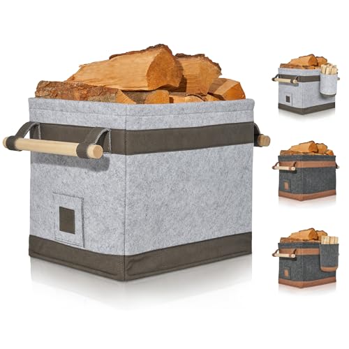 OAKAGE® Holzkorb für Kaminholz Groß [Schmutzabweisendes Innenfutter und Lederboden] Kaminholzkorb Feuerholzkorb Brennholzkorb Kaminkorb Filzkorb | Korb Hellgrau von OAKAGE