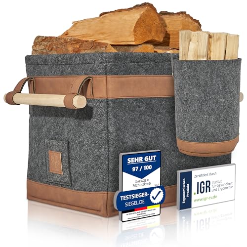 OAKAGE® Holzkorb für Kaminholz Groß mit Zündholzkorb [Schmutzabweisendes Innenfutter und Lederboden] Kaminholzkorb Feuerholzkorb Brennholzkorb Kaminkorb Filzkorb | Korb Dunkelgrau von OAKAGE