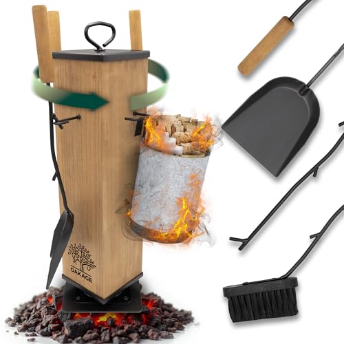OAKAGE Kaminbesteck Modern [integrierer Holzkorb & drehbarem Kern] Hochwertiges Kaminzubehör mit Holzgriff | Kaminofen Besteck mit Kehrset & Schürhaken | Ofenbesteck Garnitur für Ofen & Kamin von OAKAGE