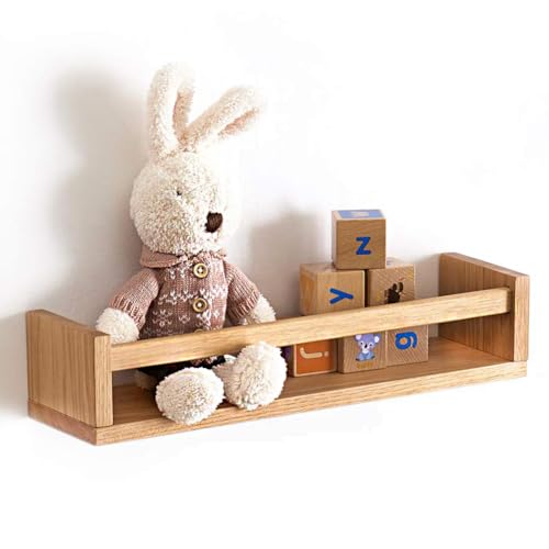 OAKERLAND Wandregal Kinderzimmer Holz Bücherregal Wand, 40cm Wandregal Eiche Massiv für Kinderzimmer, Eiche Schweberegal Bilderleiste für Bücher Märchenbücher, Zeitschrift von OAKERLAND