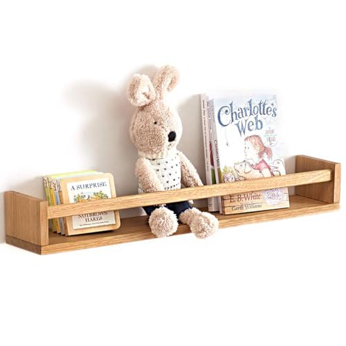 OAKERLAND Wandregal Kinderzimmer Holz Bücherregal Wand, 60cm Wandregal Eiche Massiv für Kinderzimmer, Eiche Schweberegal Bilderleiste für Bücher Märchenbücher, Zeitschrift von OAKERLAND