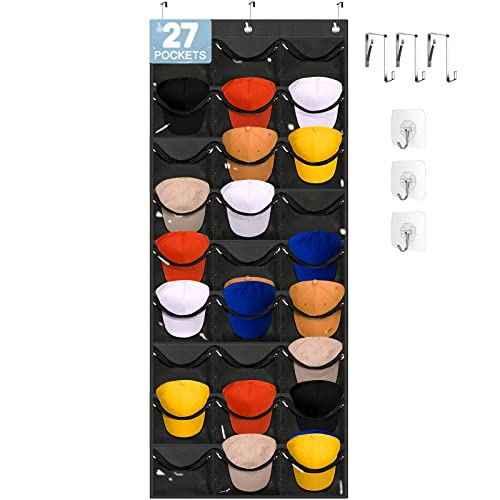 Owkjar Hut-Organizer mit 27 großen Taschen, Hutablage für Baseballkappen, Wand oder Tür mit 6 Haken, Huthalter-Organizer für mehrere Kappen, Schwarz/Grau von OAKJAR