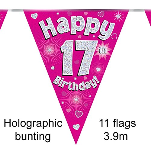 Party-Wimpelkette "Happy 17th Birthday", Rosa, holografisch, 11 Flaggen, 3,9 m von OAKTREE UK