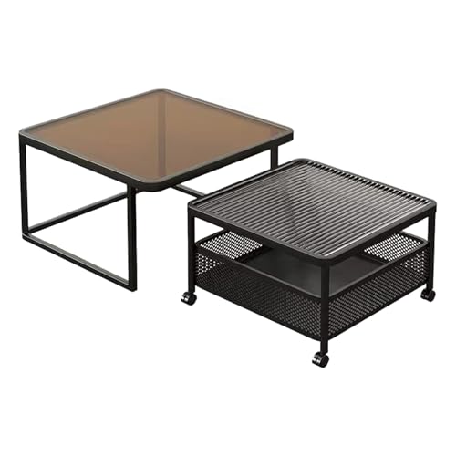 Couchtisch 2er Set – Moderne Kaffeetische mit Stabilem Metallgestell & Gehärteter Glasplatte, Praktischer Wohnzimmertisch mit Rollen und Offenem Stauraum(Black-A+B,80cm/31.4in) von OAKVYNE