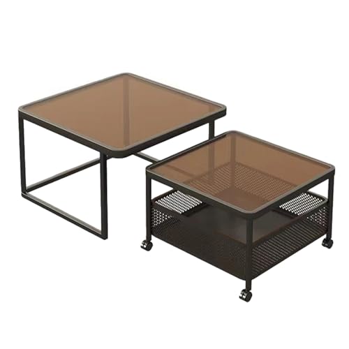 Couchtisch 2er Set – Moderne Kaffeetische mit Stabilem Metallgestell & Gehärteter Glasplatte, Praktischer Wohnzimmertisch mit Rollen und Offenem Stauraum(Black-A,60cm/23.6in) von OAKVYNE