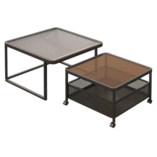 Couchtisch 2er Set – Moderne Kaffeetische mit Stabilem Metallgestell & Gehärteter Glasplatte, Praktischer Wohnzimmertisch mit Rollen und Offenem Stauraum(Black-B+A,80cm/31.4in) von OAKVYNE