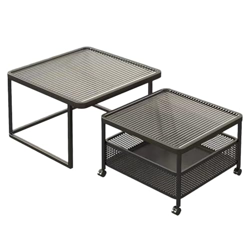 Couchtisch 2er Set – Moderne Kaffeetische mit Stabilem Metallgestell & Gehärteter Glasplatte, Praktischer Wohnzimmertisch mit Rollen und Offenem Stauraum(Black-B,80cm/31.4in) von OAKVYNE