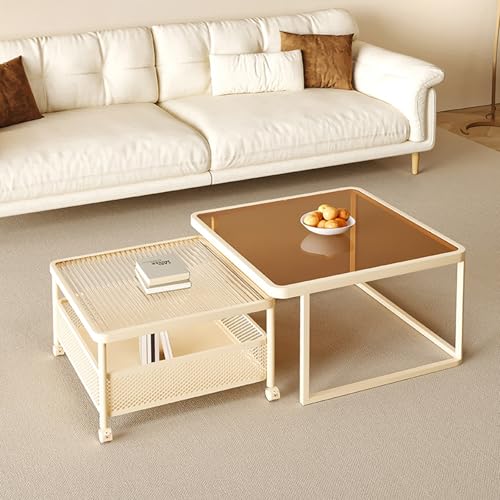 Couchtisch 2er Set – Moderne Kaffeetische mit Stabilem Metallgestell & Gehärteter Glasplatte, Praktischer Wohnzimmertisch mit Rollen und Offenem Stauraum(White-A+B,80cm/31.4in) von OAKVYNE