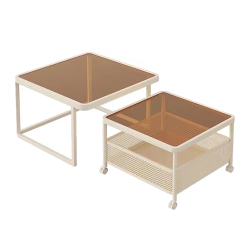 Couchtisch 2er Set – Moderne Kaffeetische mit Stabilem Metallgestell & Gehärteter Glasplatte, Praktischer Wohnzimmertisch mit Rollen und Offenem Stauraum(White-A,70cm/27.5in) von OAKVYNE