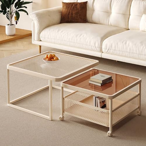 Couchtisch 2er Set – Moderne Kaffeetische mit Stabilem Metallgestell & Gehärteter Glasplatte, Praktischer Wohnzimmertisch mit Rollen und Offenem Stauraum(White-B+A,60cm/23.6in) von OAKVYNE