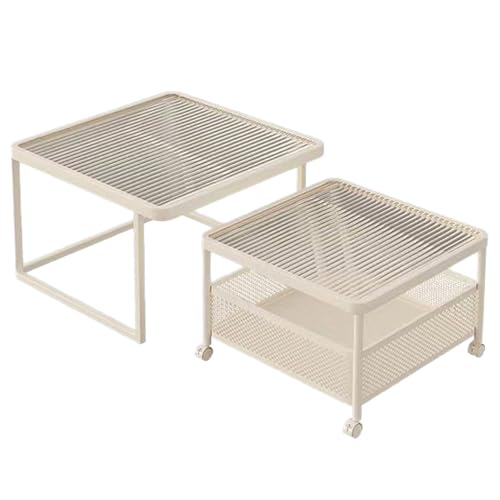 Couchtisch 2er Set – Moderne Kaffeetische mit Stabilem Metallgestell & Gehärteter Glasplatte, Praktischer Wohnzimmertisch mit Rollen und Offenem Stauraum(White-B,80cm/31.4in) von OAKVYNE