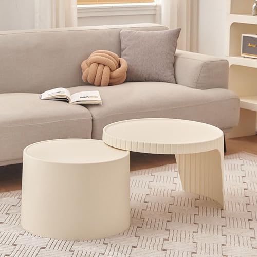 Couchtisch Rund 2er Set – Moderner Wohnzimmertisch aus Kunststoff – Nesting Beistelltisch für Balkon/Büro – Einfache Montage, Leicht und Stabil(Cream White) von OAKVYNE