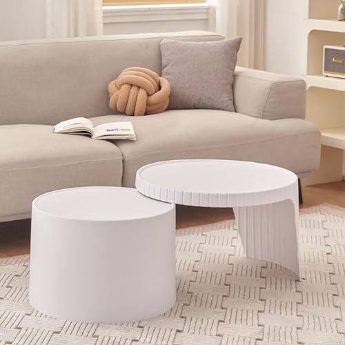 Couchtisch Rund 2er Set – Moderner Wohnzimmertisch aus Kunststoff – Nesting Beistelltisch für Balkon/Büro – Einfache Montage, Leicht und Stabil(Pure White) von OAKVYNE