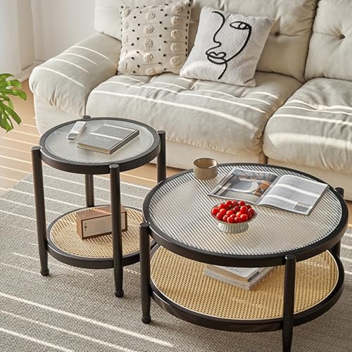 Couchtisch Rund 2er Set – Moderner Wohnzimmertisch mit Glasplatte & Rattan-Stauraum, Holzbeine, Für Büro und Schlafzimmer – Mid-Century Design(Black) von OAKVYNE