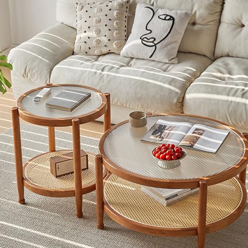 Couchtisch Rund 2er Set – Moderner Wohnzimmertisch mit Glasplatte & Rattan-Stauraum, Holzbeine, Für Büro und Schlafzimmer – Mid-Century Design(Cherry Color) von OAKVYNE