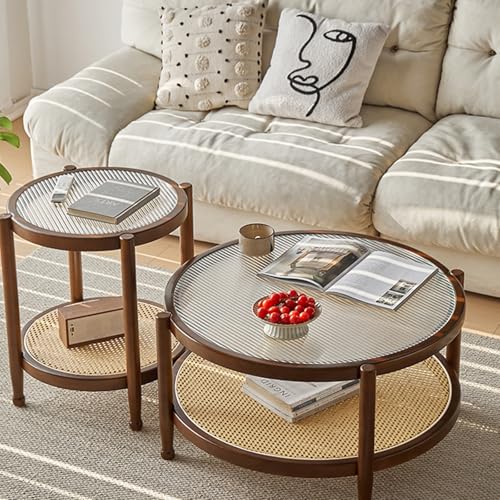 Couchtisch Rund 2er Set – Moderner Wohnzimmertisch mit Glasplatte & Rattan-Stauraum, Holzbeine, Für Büro und Schlafzimmer – Mid-Century Design(Walnut Color) von OAKVYNE
