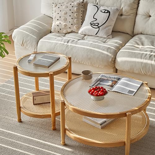 Couchtisch Rund 2er Set – Moderner Wohnzimmertisch mit Glasplatte & Rattan-Stauraum, Holzbeine, Für Büro und Schlafzimmer – Mid-Century Design(Wood Color) von OAKVYNE