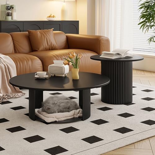 Couchtisch Rund 2er Set – Wohnzimmertisch Mit Stauraum & Stabilem Metallgestell, Moderner Beistelltisch, Einfach Zu Montieren Für Schlafzimmer & Büro(Black-A,80cm/31.4in) von OAKVYNE