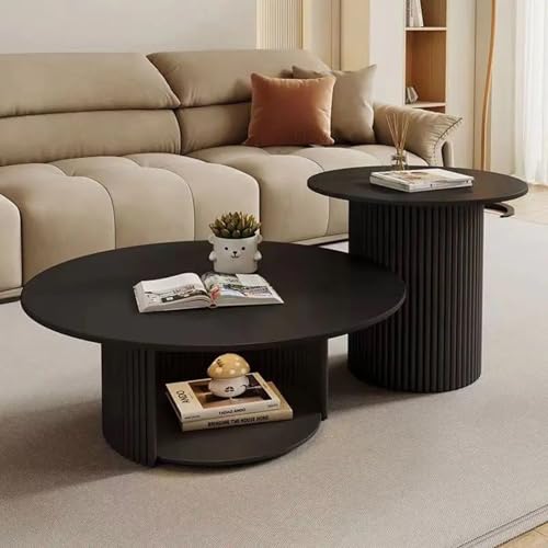 Couchtisch Rund 2er Set – Wohnzimmertisch Mit Stauraum & Stabilem Metallgestell, Moderner Beistelltisch, Einfach Zu Montieren Für Schlafzimmer & Büro(Black-B,70cm/27.5in) von OAKVYNE