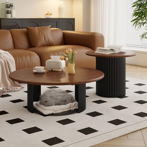 Couchtisch Rund 2er Set – Wohnzimmertisch Mit Stauraum & Stabilem Metallgestell, Moderner Beistelltisch, Einfach Zu Montieren Für Schlafzimmer & Büro(Walnut Color-A,60cm/23.6in) von OAKVYNE