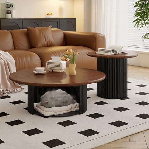 Couchtisch Rund 2er Set – Wohnzimmertisch Mit Stauraum & Stabilem Metallgestell, Moderner Beistelltisch, Einfach Zu Montieren Für Schlafzimmer & Büro(Walnut Color-B,80cm/31.4in) von OAKVYNE