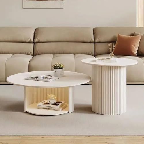 Couchtisch Rund 2er Set – Wohnzimmertisch Mit Stauraum & Stabilem Metallgestell, Moderner Beistelltisch, Einfach Zu Montieren Für Schlafzimmer & Büro(White-B,70cm/27.5in) von OAKVYNE