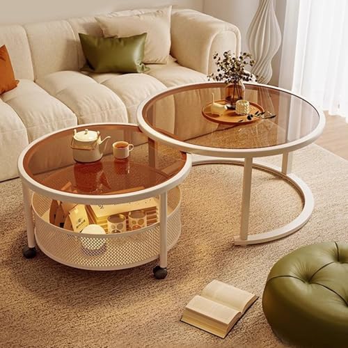 Couchtisch Rund 2er Set mit Glas & Stabilen Metallgestell - Moderne Nesting Beistelltische für Wohnzimmer, Büro oder Kleine Räume - Leicht zu Montieren & Stilvoll(Brown Glass,80+60cm) von OAKVYNE