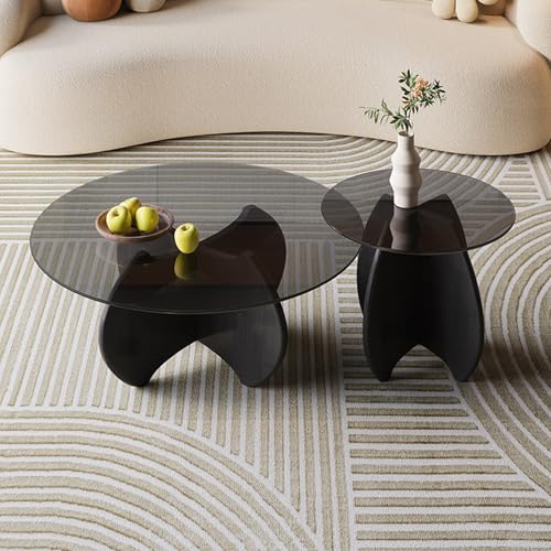 Couchtisch Rund aus Glas – 2er Set mit Kratzfester Oberfläche & Massivholzbeinen, Moderner Wohnzimmertisch für Couch oder Schlafzimmer (Einfache Montage)(Black,80cm+50cm) von OAKVYNE