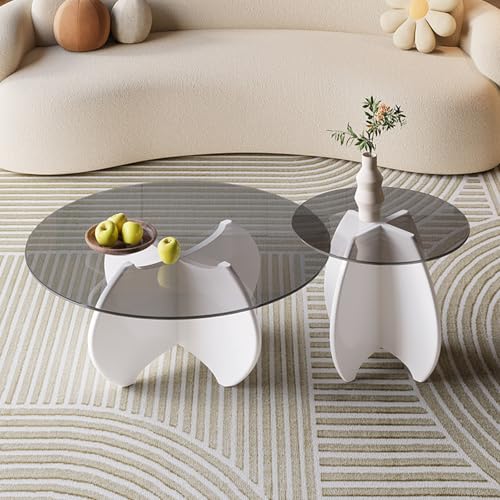 Couchtisch Rund aus Glas – 2er Set mit Kratzfester Oberfläche & Massivholzbeinen, Moderner Wohnzimmertisch für Couch oder Schlafzimmer (Einfache Montage)(White,80cm+50cm) von OAKVYNE