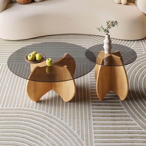 Couchtisch Rund aus Glas – 2er Set mit Kratzfester Oberfläche & Massivholzbeinen, Moderner Wohnzimmertisch für Couch oder Schlafzimmer (Einfache Montage)(Wood Color,70cm+50cm) von OAKVYNE