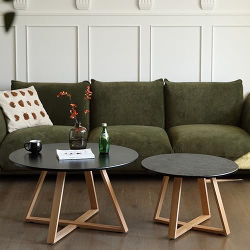 Moderner Runder Couchtisch aus Massivholz - 2er Set Wohnzimmertisch im Landhausstil mit Stabilen Holzbeinen - Beistelltisch für Wohnzimmer, Schlafzimmer oder Balkon(Black) von OAKVYNE