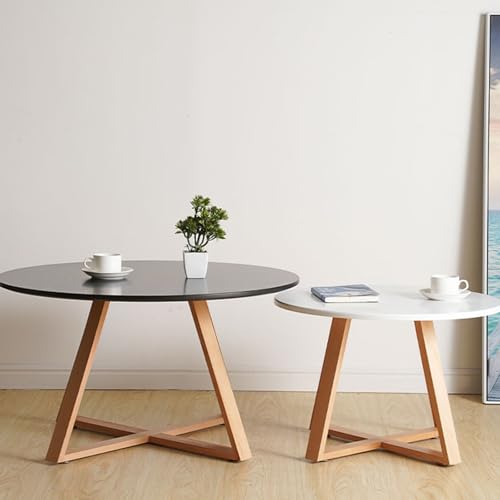 Moderner Runder Couchtisch aus Massivholz - 2er Set Wohnzimmertisch im Landhausstil mit Stabilen Holzbeinen - Beistelltisch für Wohnzimmer, Schlafzimmer oder Balkon(Black+White) von OAKVYNE