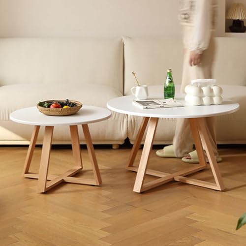Moderner Runder Couchtisch aus Massivholz - 2er Set Wohnzimmertisch im Landhausstil mit Stabilen Holzbeinen - Beistelltisch für Wohnzimmer, Schlafzimmer oder Balkon(White) von OAKVYNE