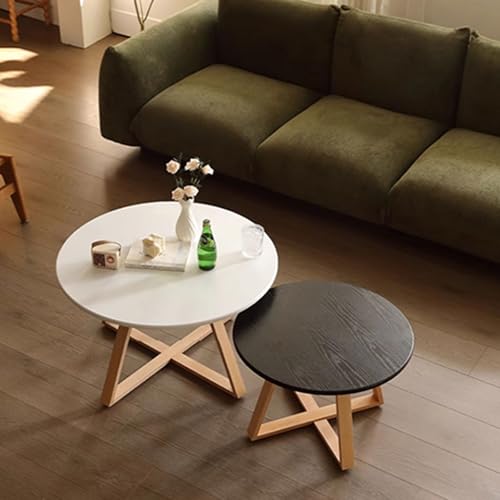 Moderner Runder Couchtisch aus Massivholz - 2er Set Wohnzimmertisch im Landhausstil mit Stabilen Holzbeinen - Beistelltisch für Wohnzimmer, Schlafzimmer oder Balkon(White+Black) von OAKVYNE