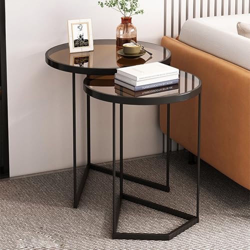 OAKVYNE Couchtisch Rund Aus Glas – 2er Set Mit Kratzfester Oberfläche & Eisenrahmen – Beistelltisch Für Wohnzimmer & Schlafzimmer, Loft Design 2 In 1 Verschachtelung(Black) von OAKVYNE